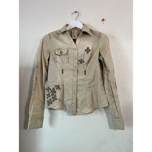 Murmur Women Beige Embroidered Button-Up Shirt Medium Long Sleeve Stretch Casual